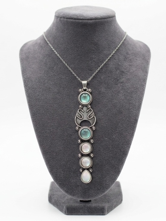 Artisan Jewelry - Vintage Women’s Tibetan Sterling Silver Handmade Moonstone 6 Tier Necklace